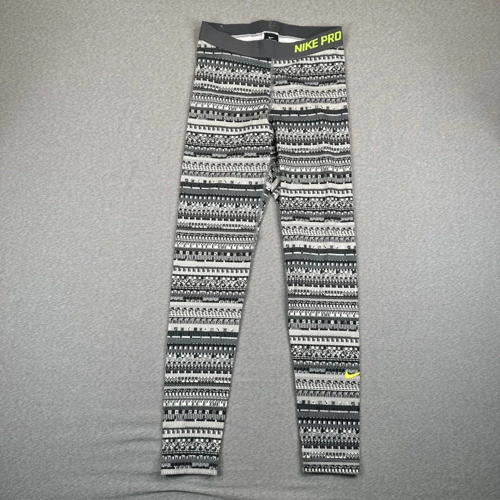 Nike Pro Dri-FIT Leggings Womens M Black Grey Pixelated Geometric Compression